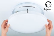 White round plastic ceiling light with bayonet fitting for easy twist and secure installation