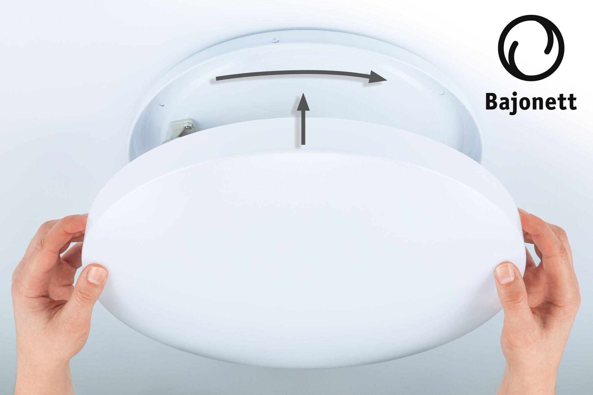 White round plastic ceiling light with bayonet fitting for easy twist and secure installation
