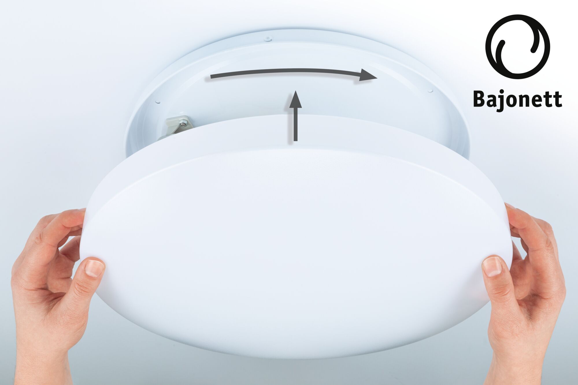 White round plastic ceiling light with bayonet fitting for easy twist and secure installation