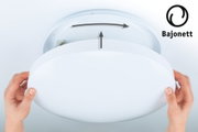 White round plastic ceiling light with bayonet fitting for easy twist and secure installation