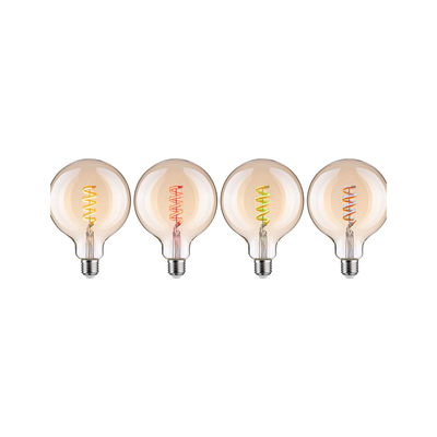 Four large light bulbs with colored spiral filaments in yellow, red, green, and orange for decorative lighting