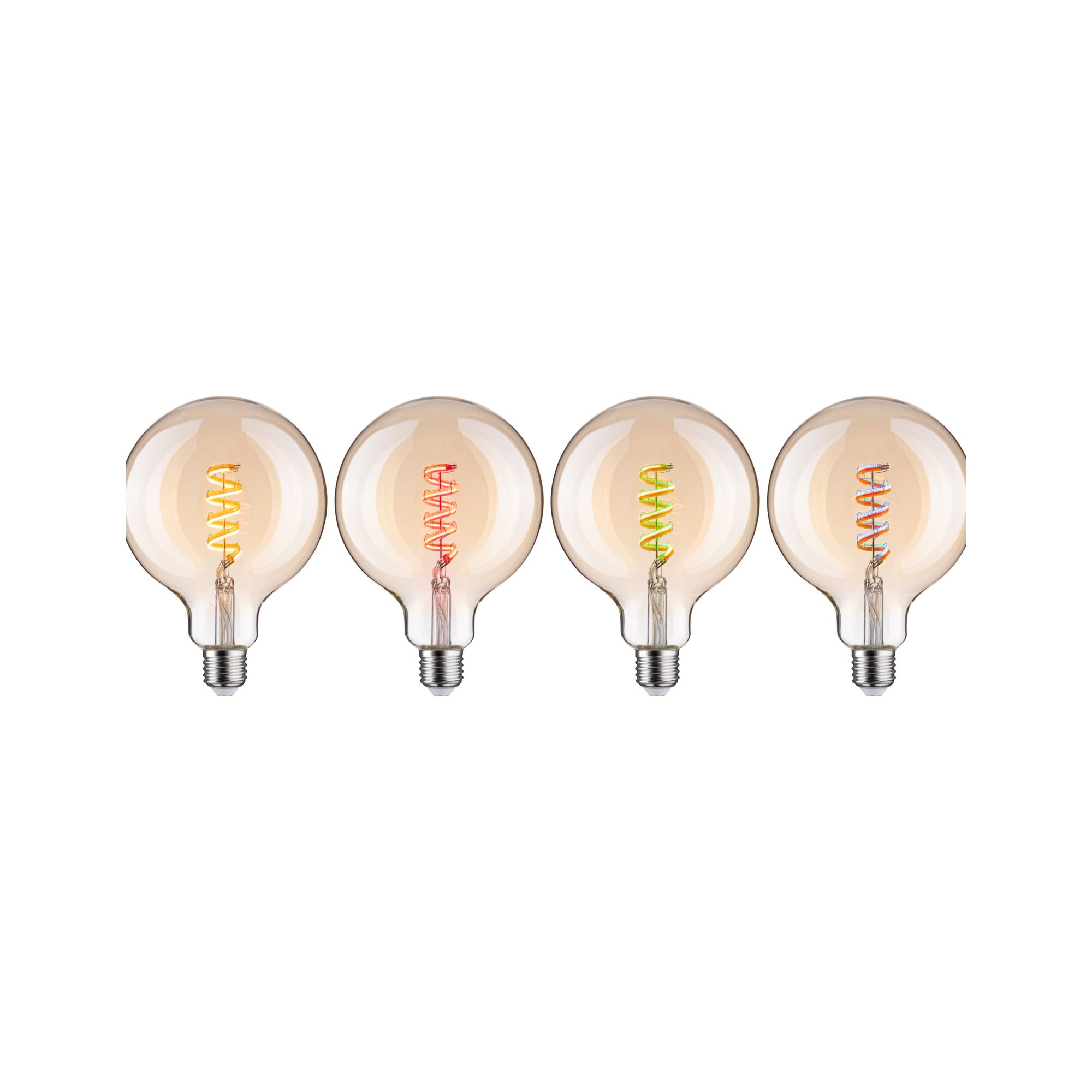 Quatre grandes ampoules avec filaments en spirale colorés jaune, rouge, vert et orange pour éclairage décoratif