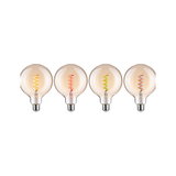 Four large light bulbs with colored spiral filaments in yellow, red, green, and orange for decorative lighting