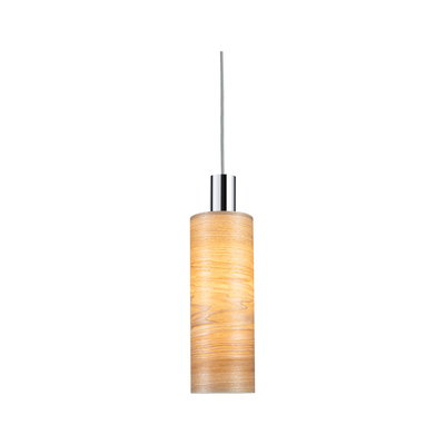 Modern pendant light with light wood shade and chrome holder for stylish room lighting
