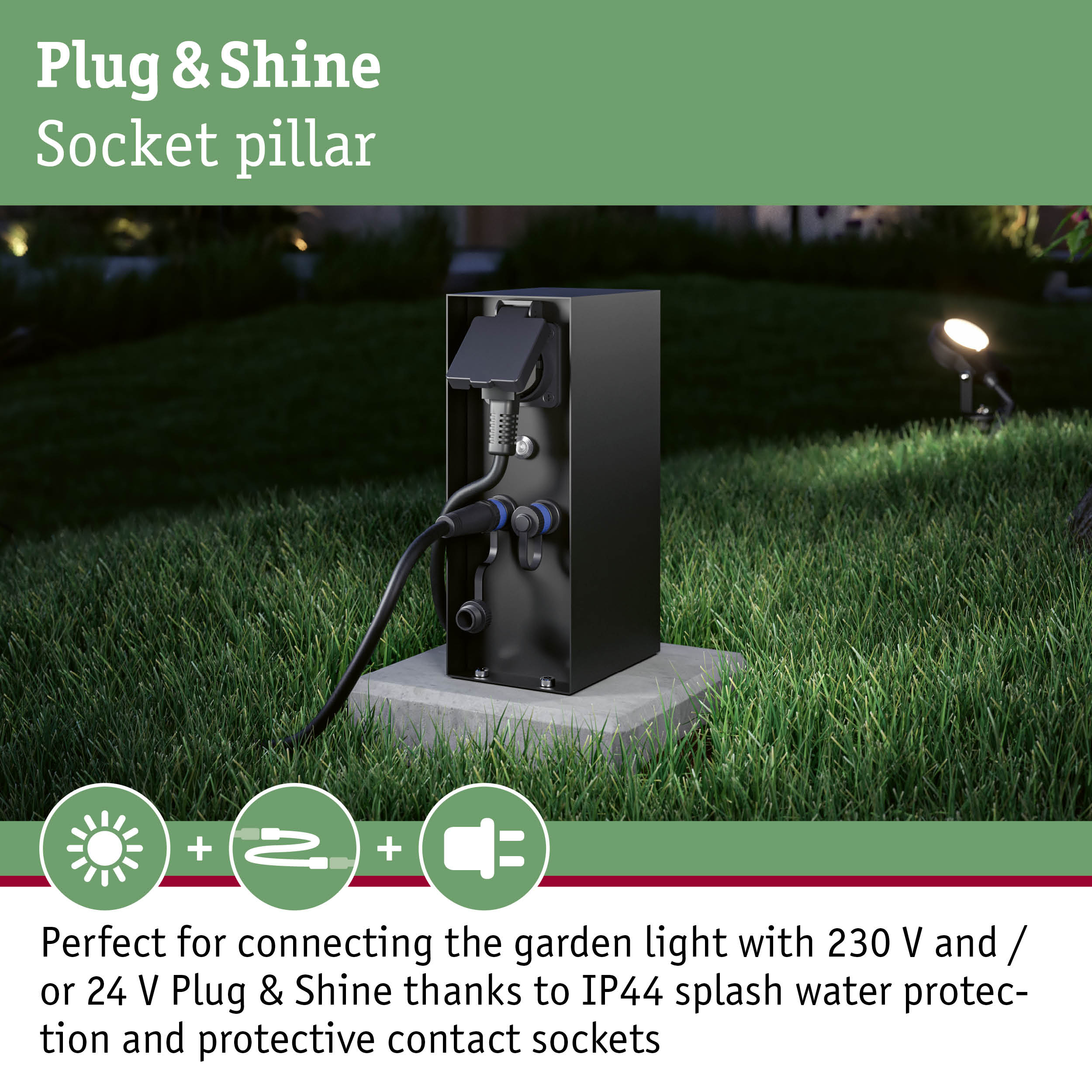 Black metal Plug & Shine socket pillar with IP44 splash protection for garden lighting and sockets