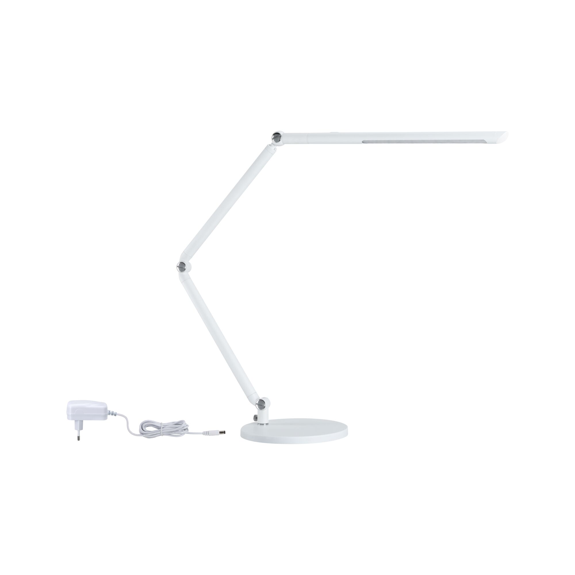 Weiße LED-Schreibtischlampe mit verstellbarem Arm und rundem Sockel, energiesparende Tischleuchte