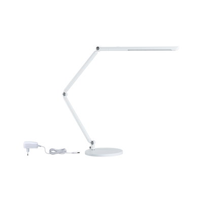 White LED desk lamp with adjustable arm and round base, energy-saving table light for office