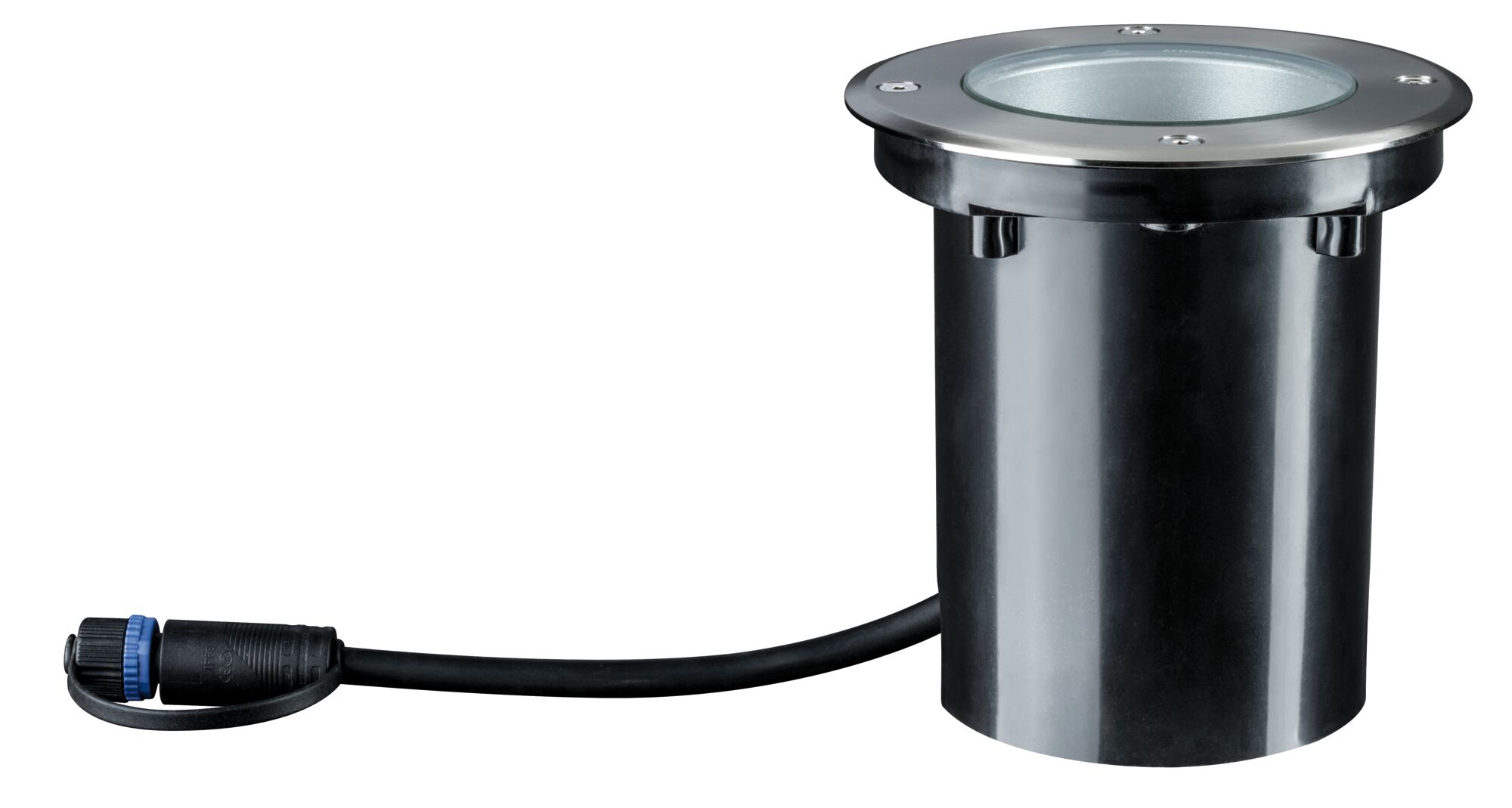 Round recessed floor spotlight in black plastic with stainless steel rim and cable for outdoor lighting