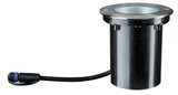 Runder Einbau-Bodenspot aus schwarzem Kunststoff mit Edelstahlrand und Kabelanschluss für Außenbeleuchtung