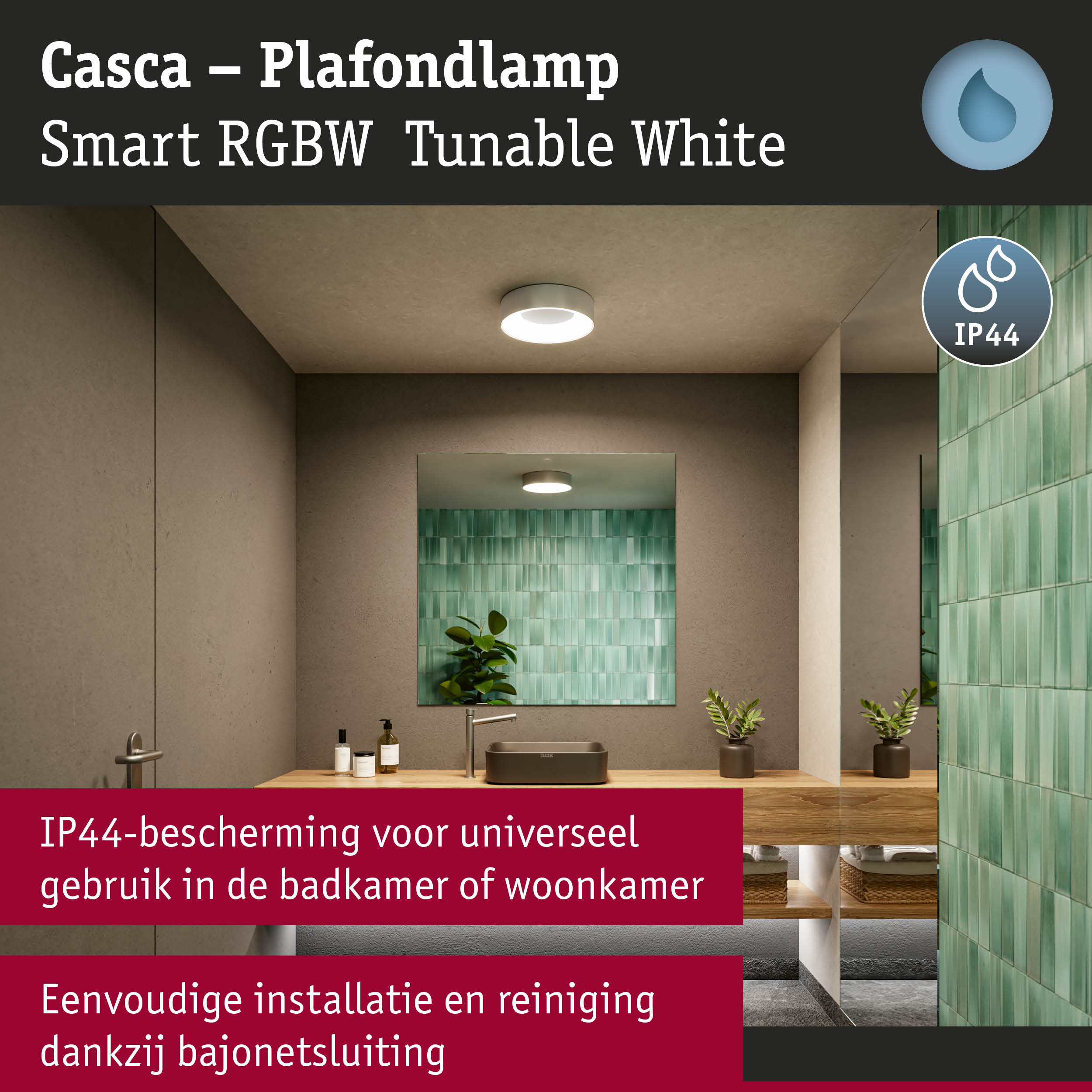 Casca plafondlamp wit met IP44 bescherming, slimme RGBW dimbare verlichting voor badkamer of woonkamer