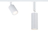Two white aluminium ribbed spotlights, one track spotlight and one pendant light with LED illumination