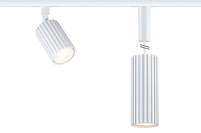 Two white aluminium ribbed spotlights, one track spotlight and one pendant light with LED illumination
