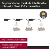 Three LED recessed spotlights with wooden ring and direct 230 V connection, warm white 2700 K light