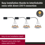 Three recessed spotlights with wooden ring and warm white light, 45 mm installation depth, 2700 K colour