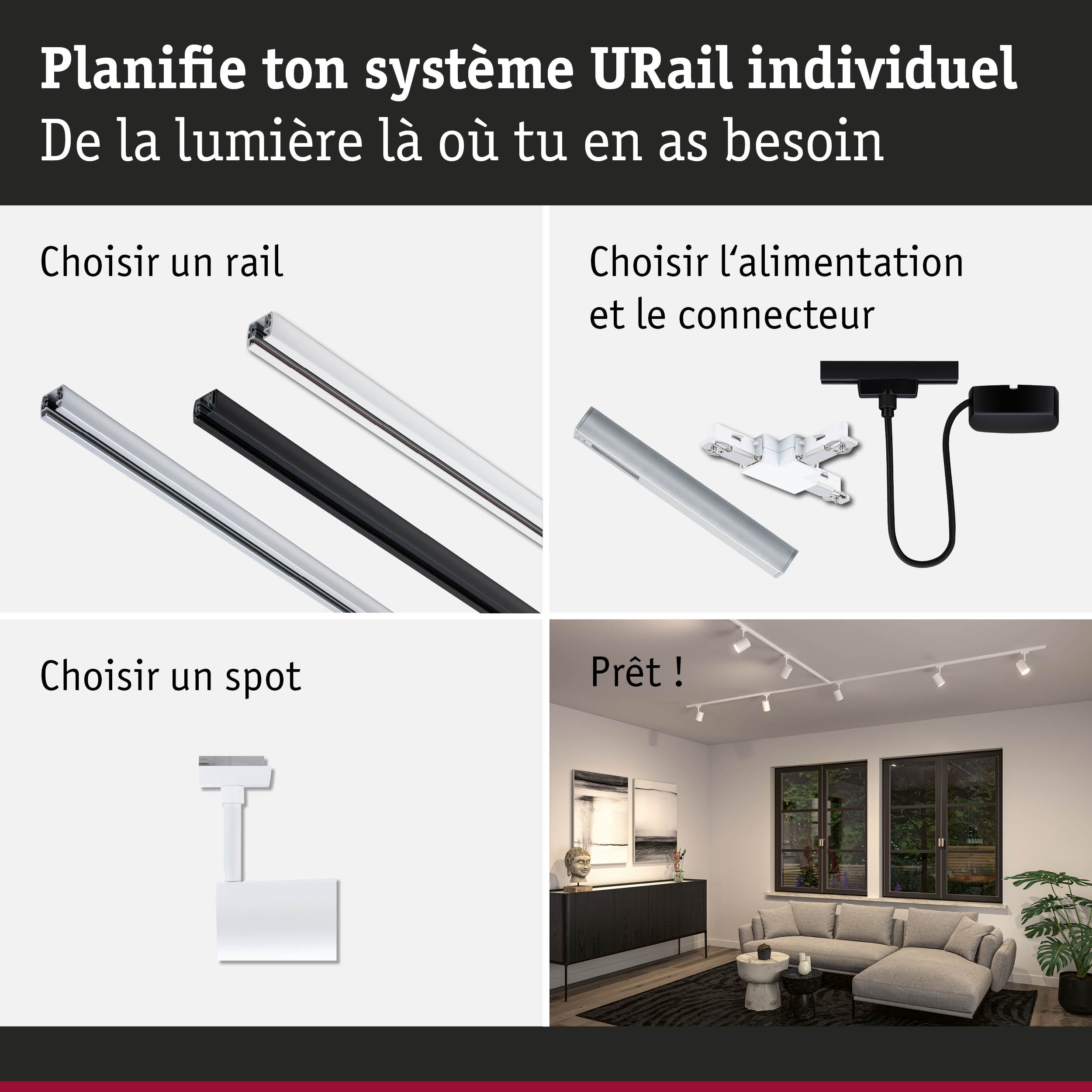 Système de rail URail modulaire en aluminium noir et blanc pour éclairage LED flexible