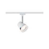 Modern white LED spotlight with chrome ring on white track for flexible room lighting