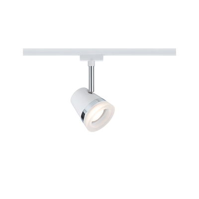 Modern white LED spotlight with chrome ring on white track for flexible room lighting