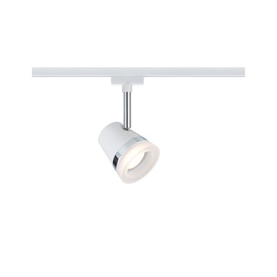 Modern white LED spotlight with chrome ring on white track for flexible room lighting