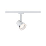 Modern white LED spotlight with chrome ring on white track for flexible room lighting