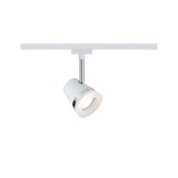 Modern white LED spotlight with chrome ring on white track for flexible room lighting