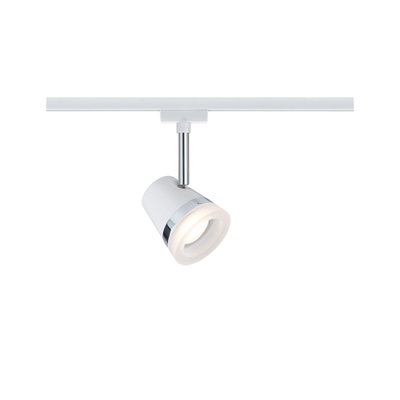 Modern white LED spotlight with chrome ring on white track for flexible room lighting