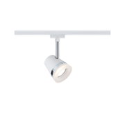 Moderne witte LED-spot met chromen accenten en railsysteem voor flexibele verlichting