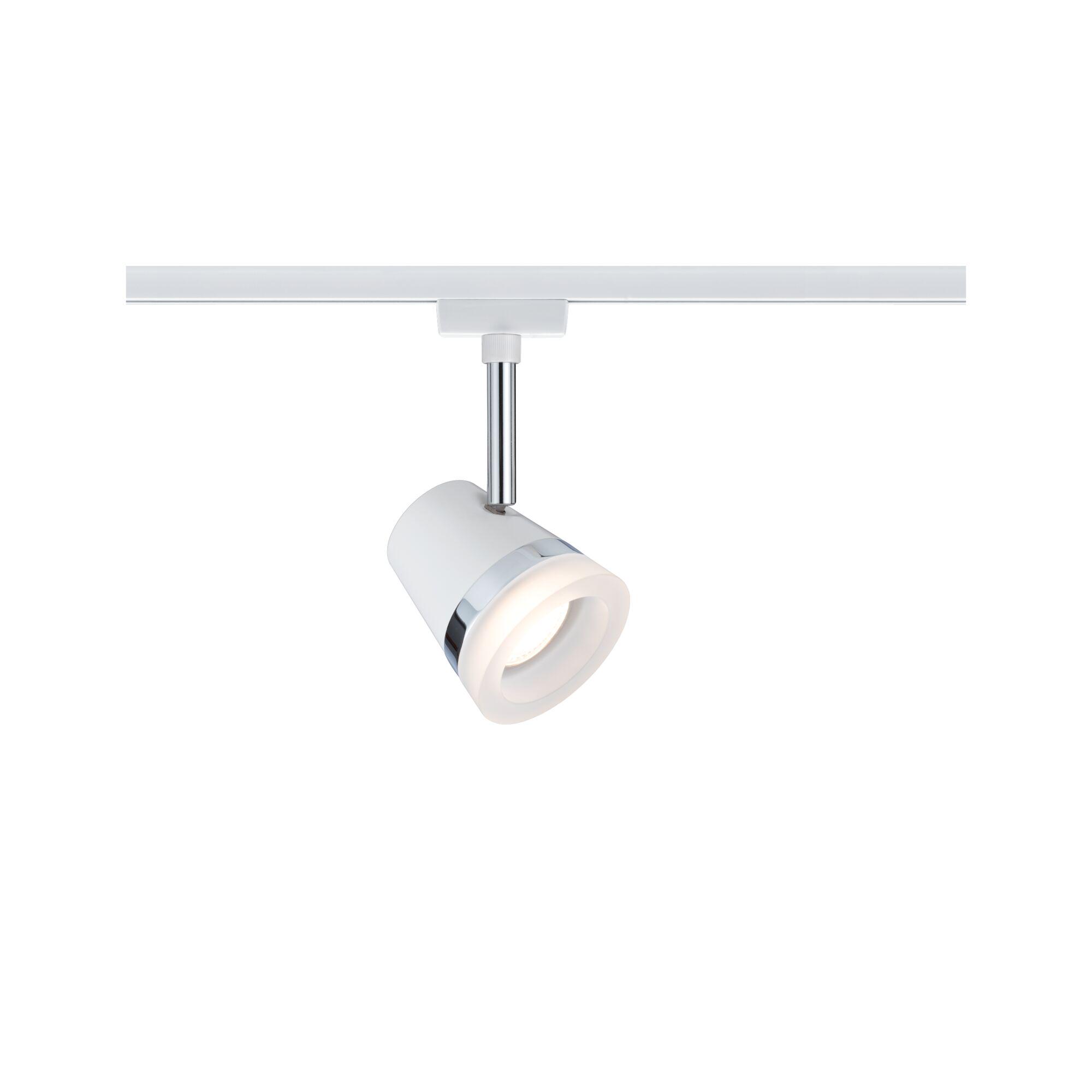 Moderner weißer LED-Strahler mit Chromakzenten und Schienensystem für flexible Raumbeleuchtung