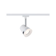 Moderner weißer LED-Strahler mit Chromakzenten und Schienensystem für flexible Raumbeleuchtung