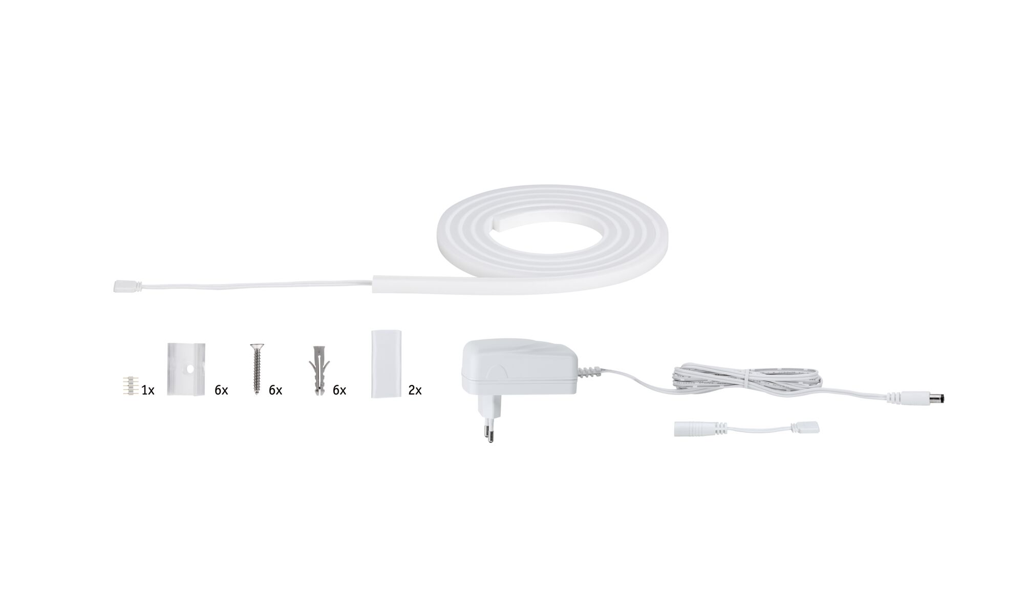 White LED neon light with power adapter and mounting kit for flexible indoor lighting accents