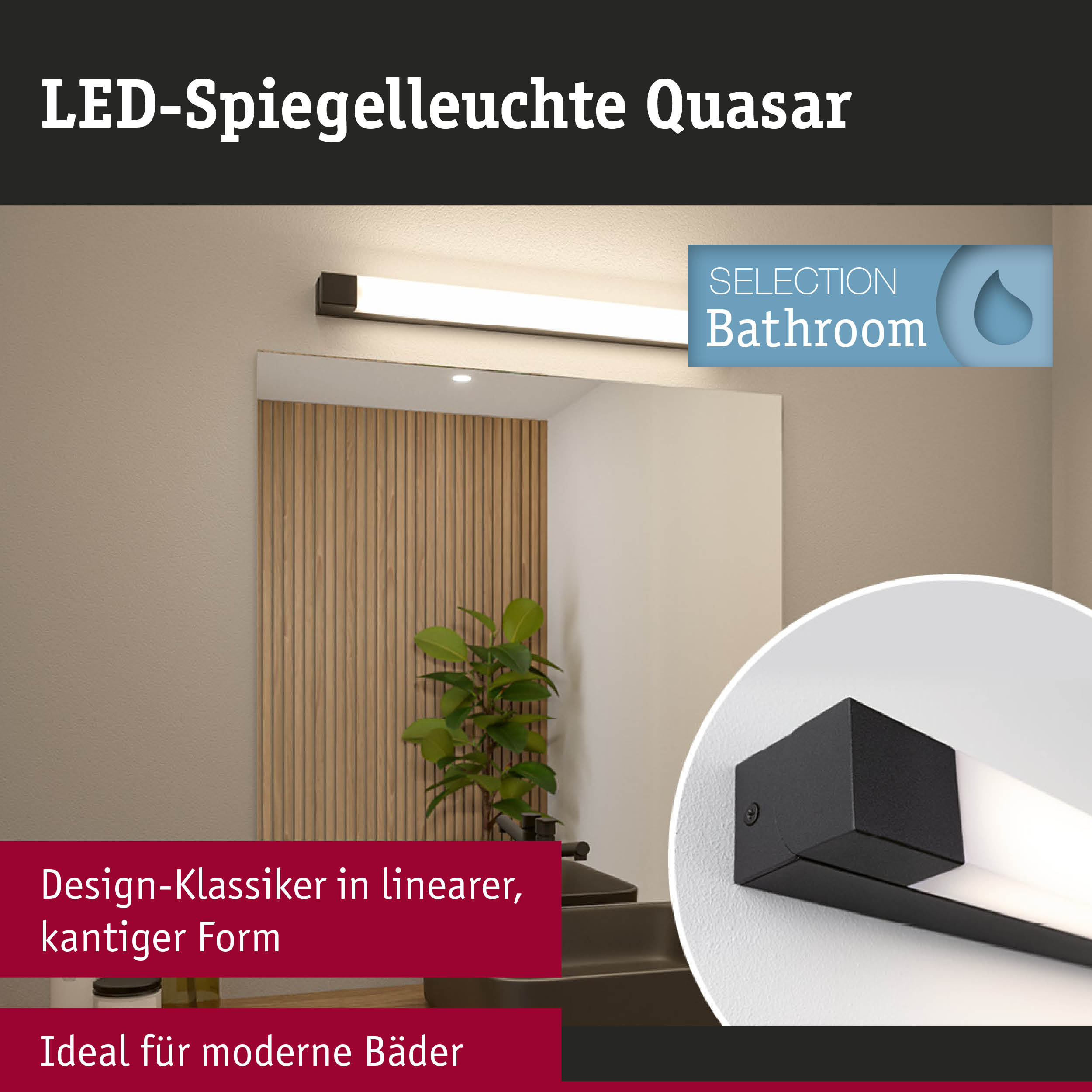 LED-Spiegelleuchte Quasar in schwarzem Aluminium mit linearer Form für moderne Badezimmerbeleuchtung
