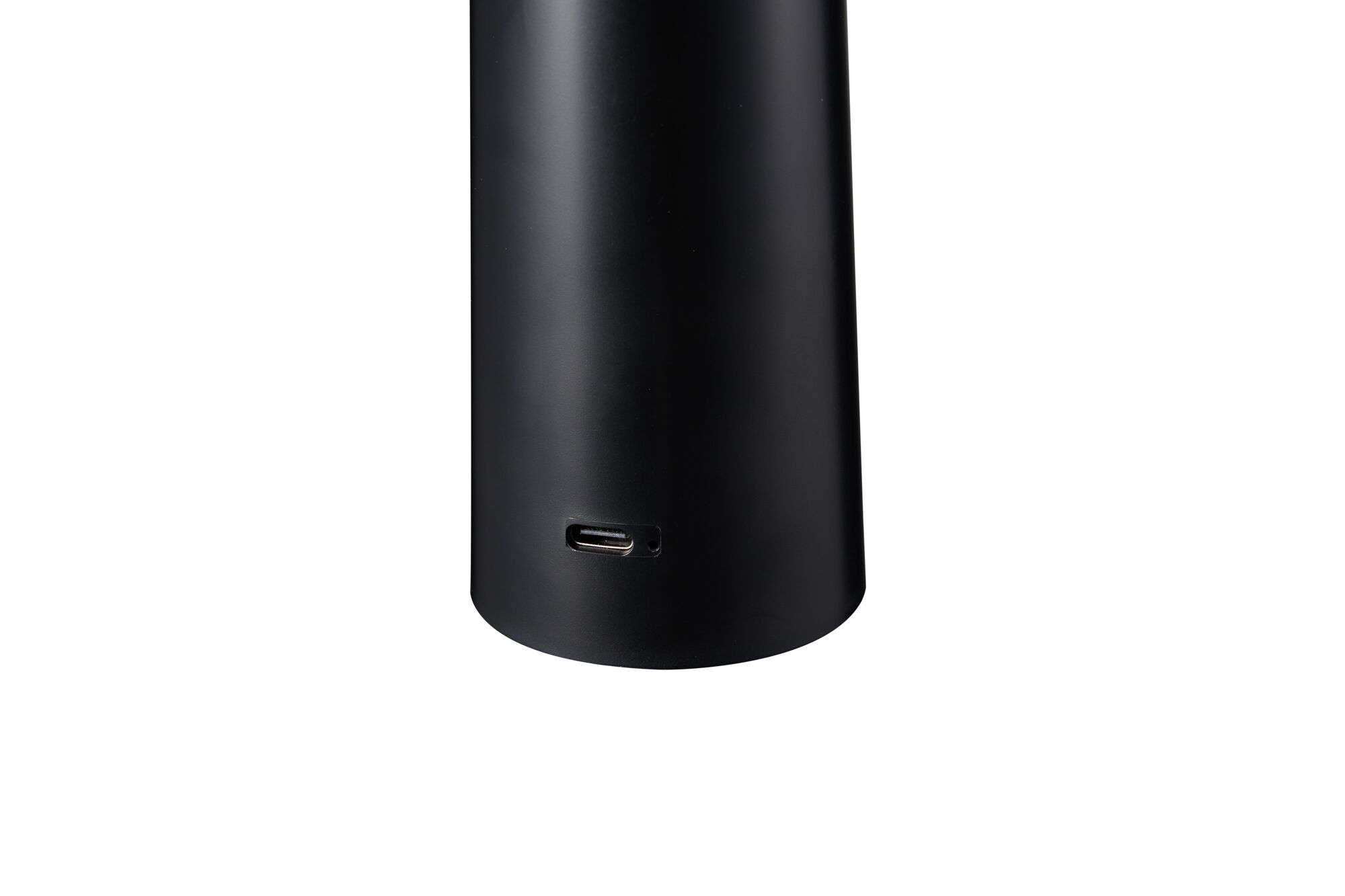 Black cylindrical device with USB-C port made of matte plastic for modern electronic use