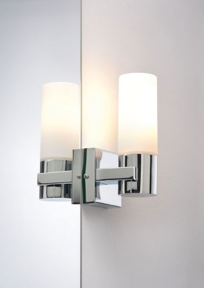 Modern chrome wall lamp holder with white glass cylinder for bathroom lighting
