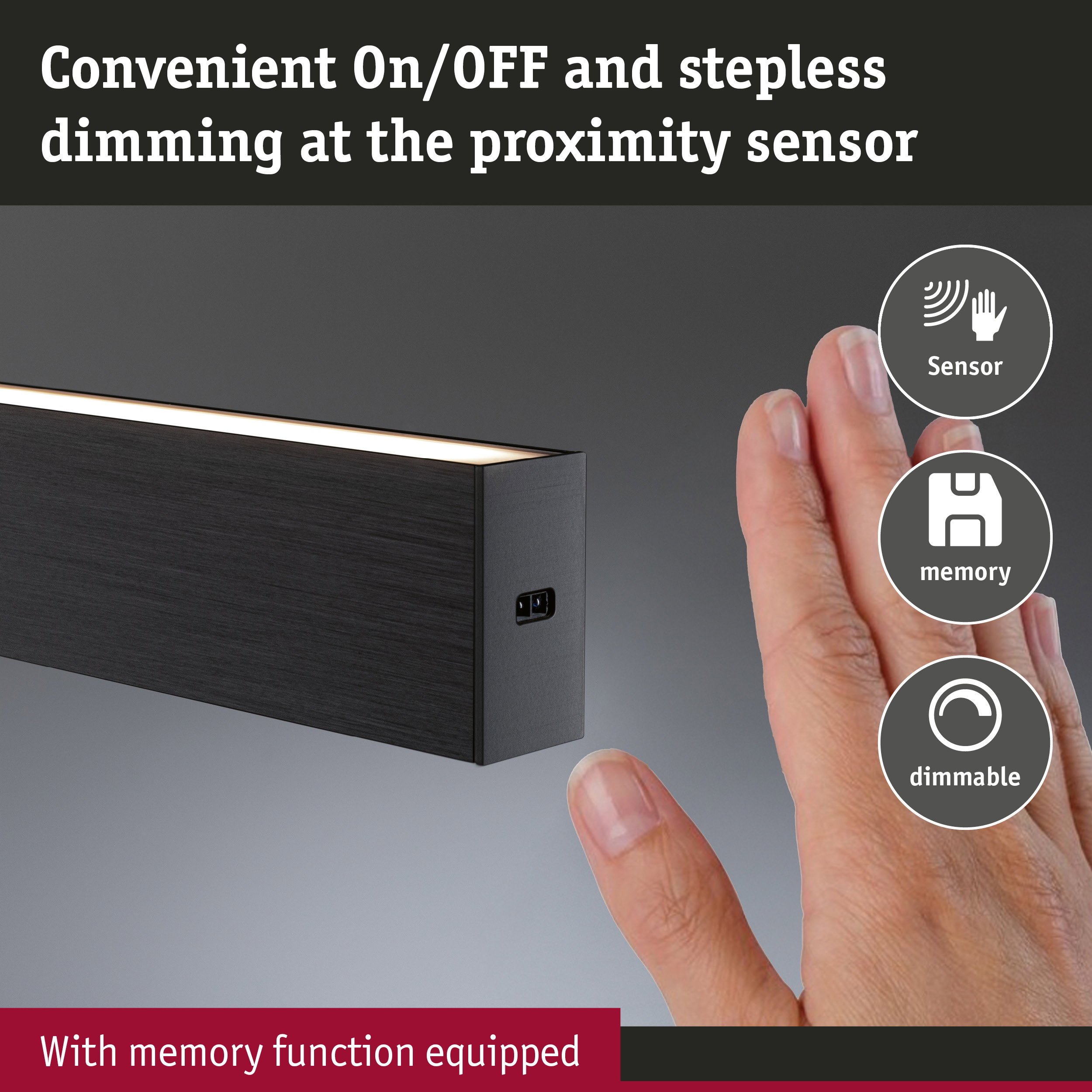 Black LED light with touchless sensor, stepless dimming and memory function for smart lighting control