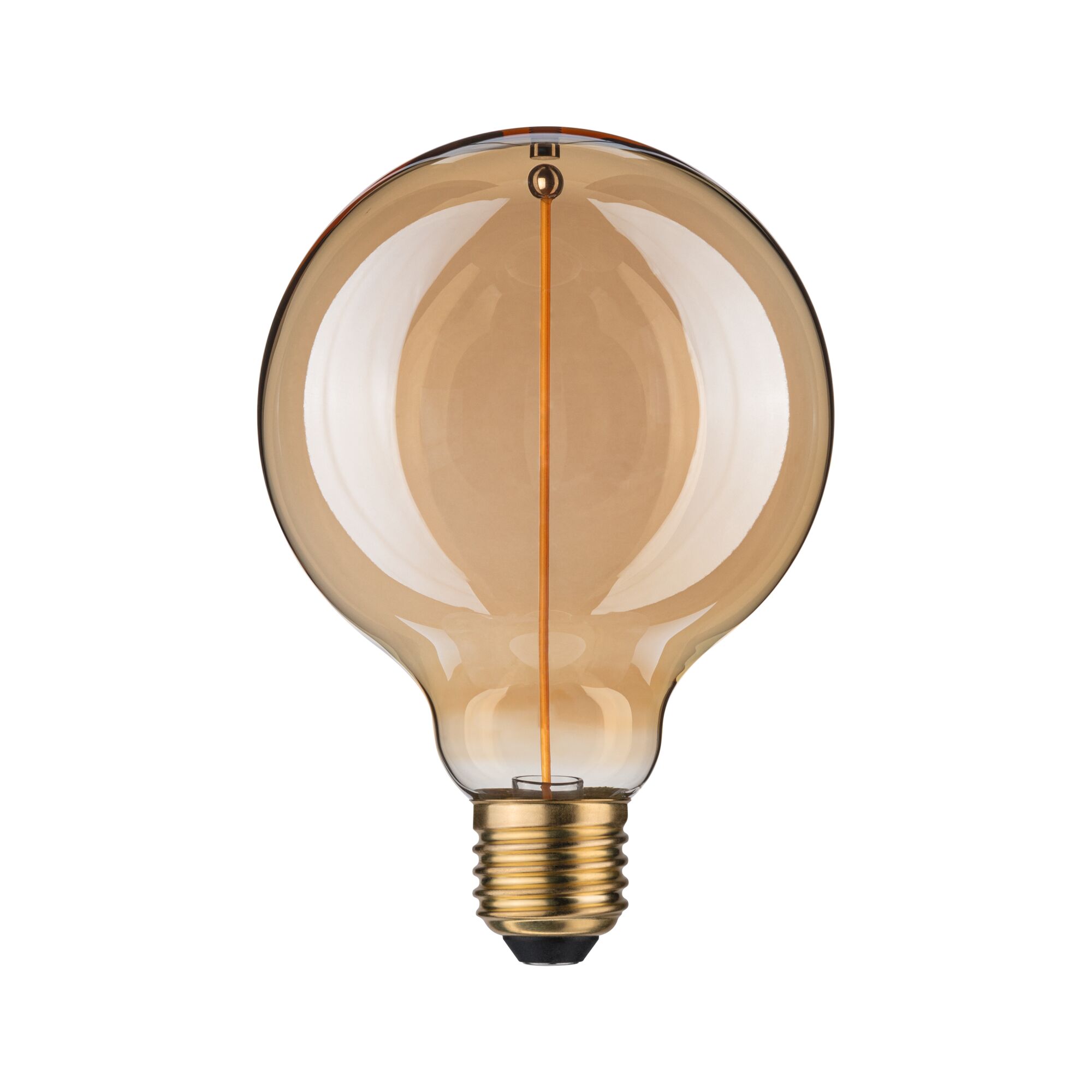 Runde LED-Glühbirne mit bernsteinfarbenem Glas und goldfarbenem Sockel für dekorative Beleuchtung