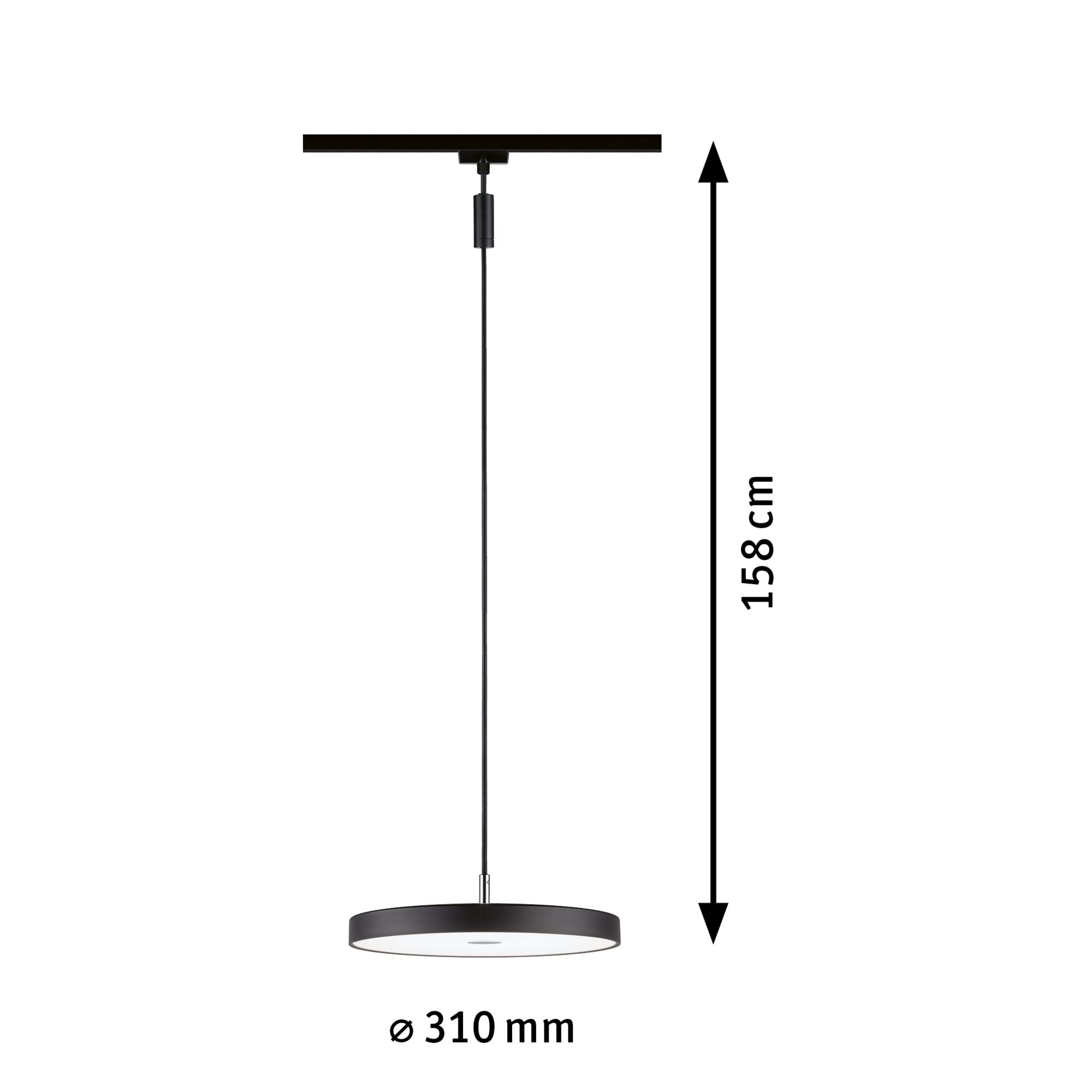 Schwarze runde LED-Pendelleuchte aus Metall mit 310 mm Durchmesser und 158 cm Länge