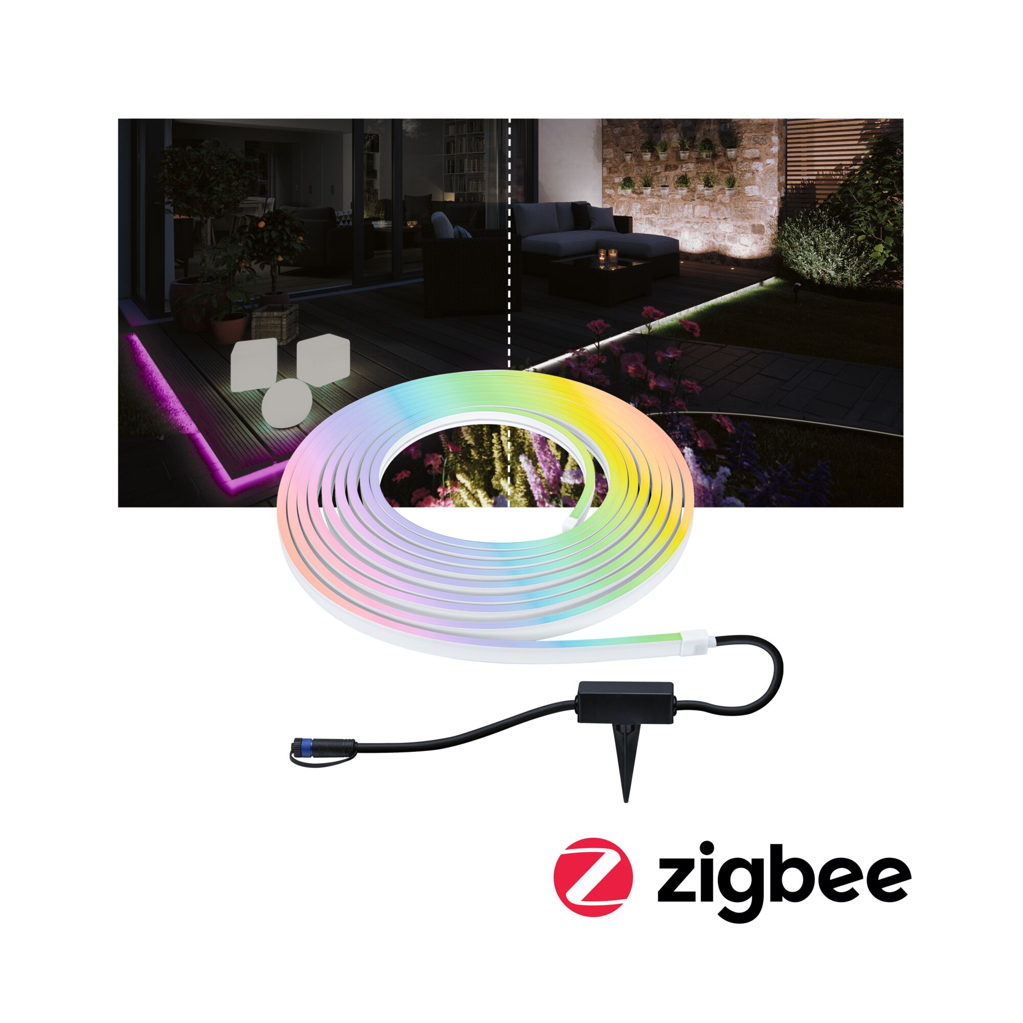 Plug & Shine LED Stripe Smart Home Zigbee 3.0 Smooth Einzelstrip IP67 RGBW+ 39W Weiß Bunter LED-Lichtstreifen mit Erdspieß für Gartenbeleuchtung, dimmbar und Zigbee-kompatibel