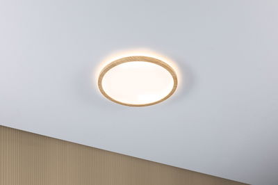 Rund loftlampe med træramme og varmt hvidt LED-lys til moderne belysning