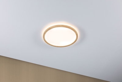 Round ceiling light with wooden frame and warm white LED for modern home lighting