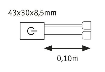 Schéma technique d’un interrupteur électrique de 43x30x8,5 mm avec câble de 0,10 m.