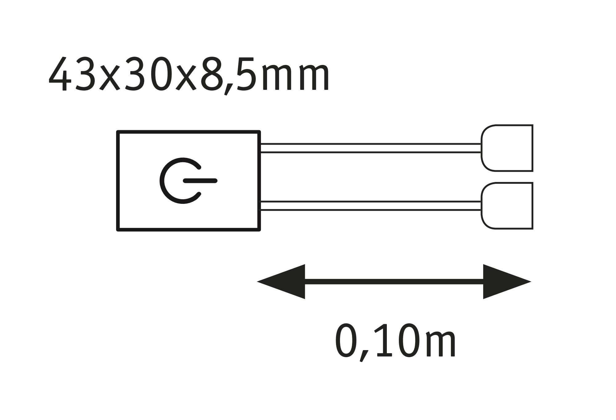 Technische tekening van een elektrische schakelaar van 43x30x8,5 mm met 0,10 m kabel.