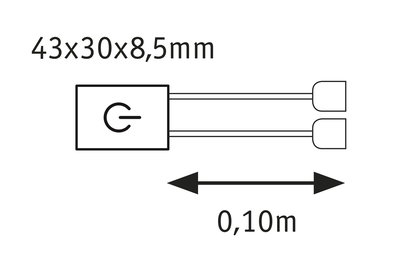 Technische Zeichnung eines elektrischen Schalters mit Maßen 43x30x8,5 mm und 0,10 m Kabel.