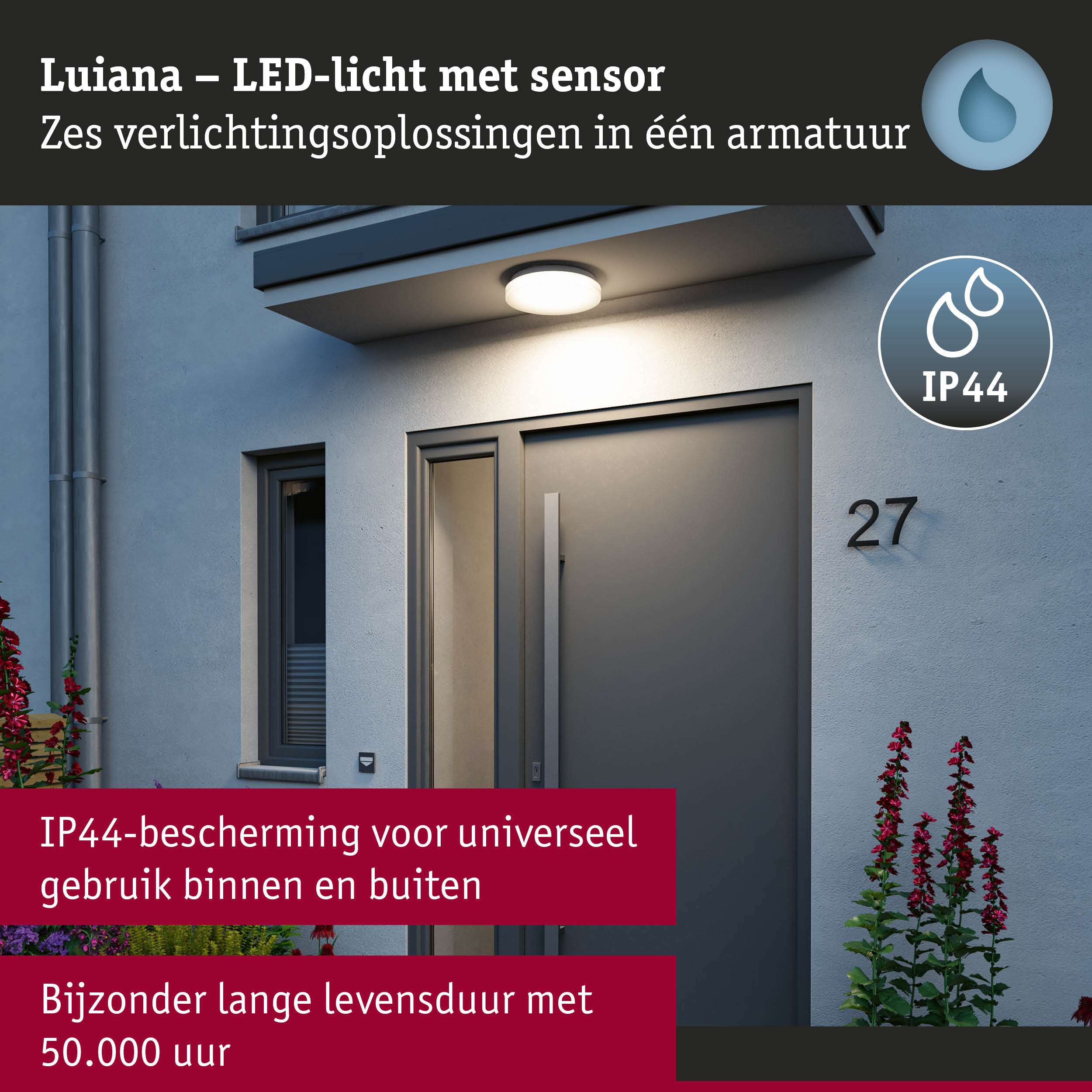 Ronde LED-buitenmuurverlichting met sensor en IP44-bescherming voor universeel gebruik bij voordeuren