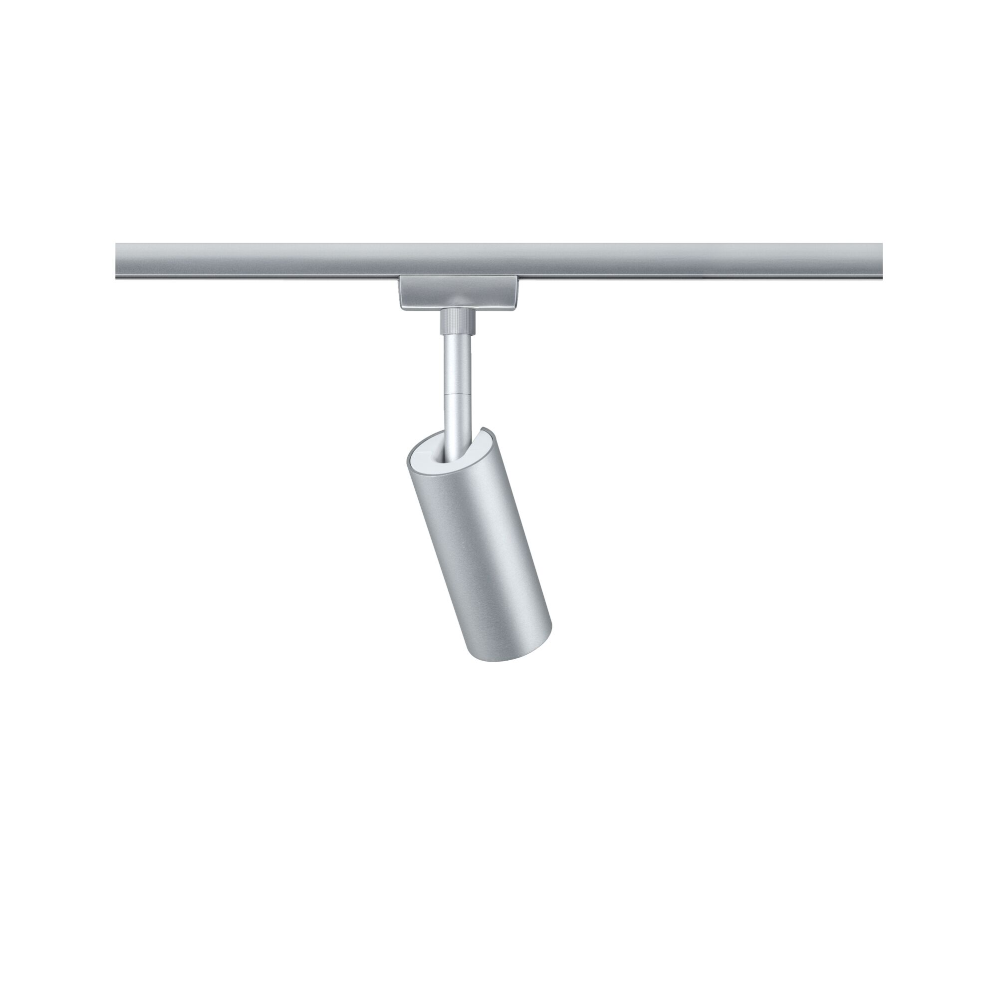 Moderner silberner LED-Strahler aus Aluminium an Schienensystem für flexible Beleuchtung