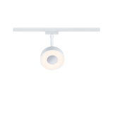 Round white LED spotlight on track system with warm white light for modern indoor lighting