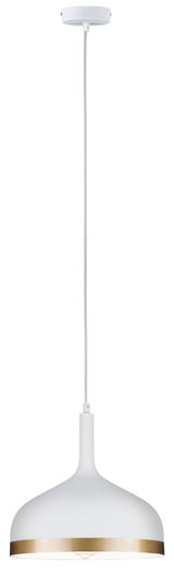 Modern white metal pendant lamp with gold trim, stylish LED hanging light for interiors.