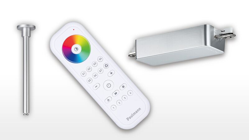 Zubehör für URail Schienensystem mit silbernem Deckenhalter, weißer Fernbedienung und chrom matten Steuergerät