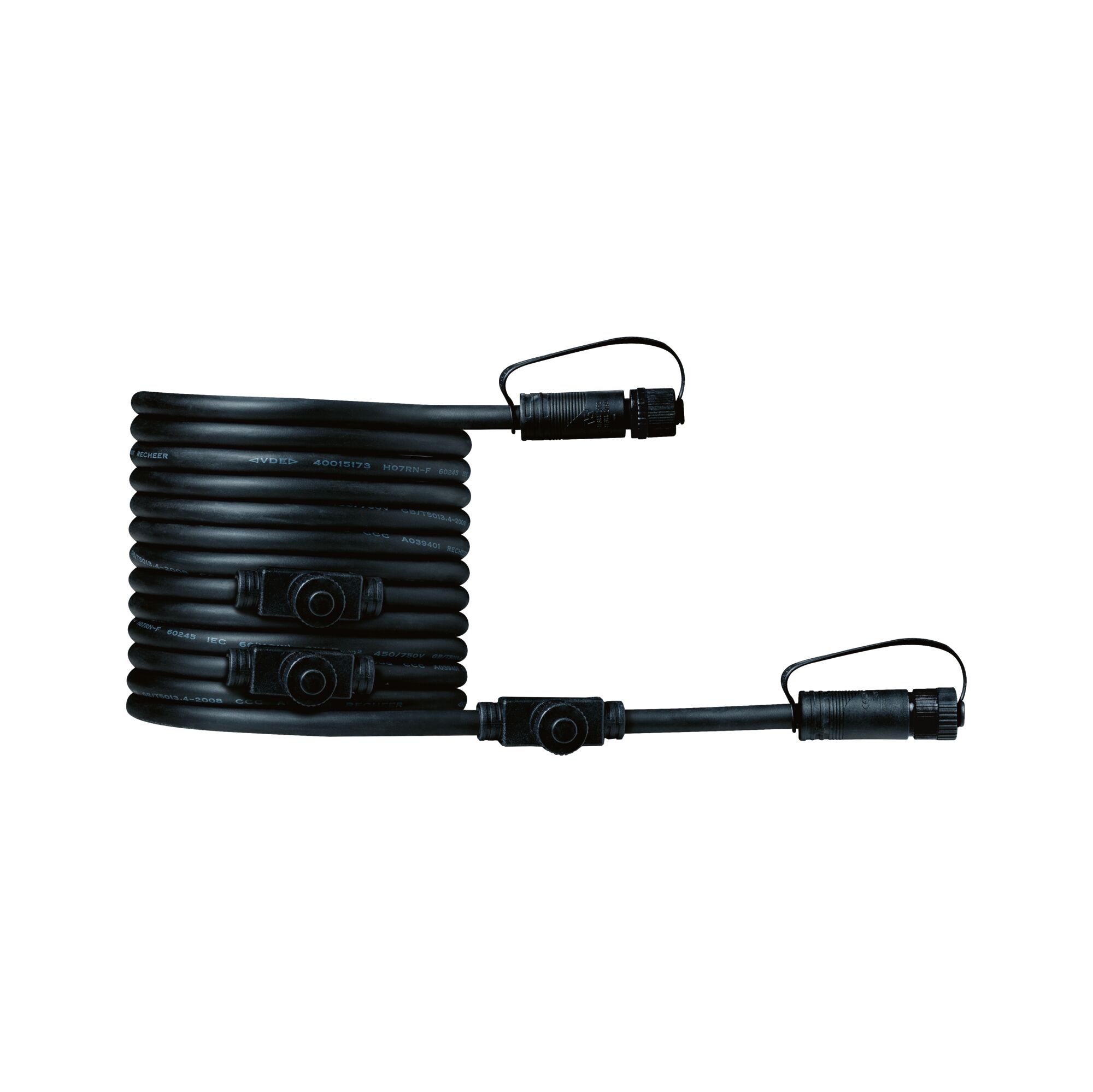 Plug & Shine Kabel 5m 4 Ausgänge IP68 Schwarz Schwarzes Verbindungskabel mit blauen Steckern und drei Abzweigungen für LED-Beleuchtungssysteme