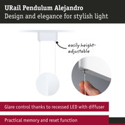 White URail Pendulum Alejandro LED pendant light with height adjustment and glare control diffuser
