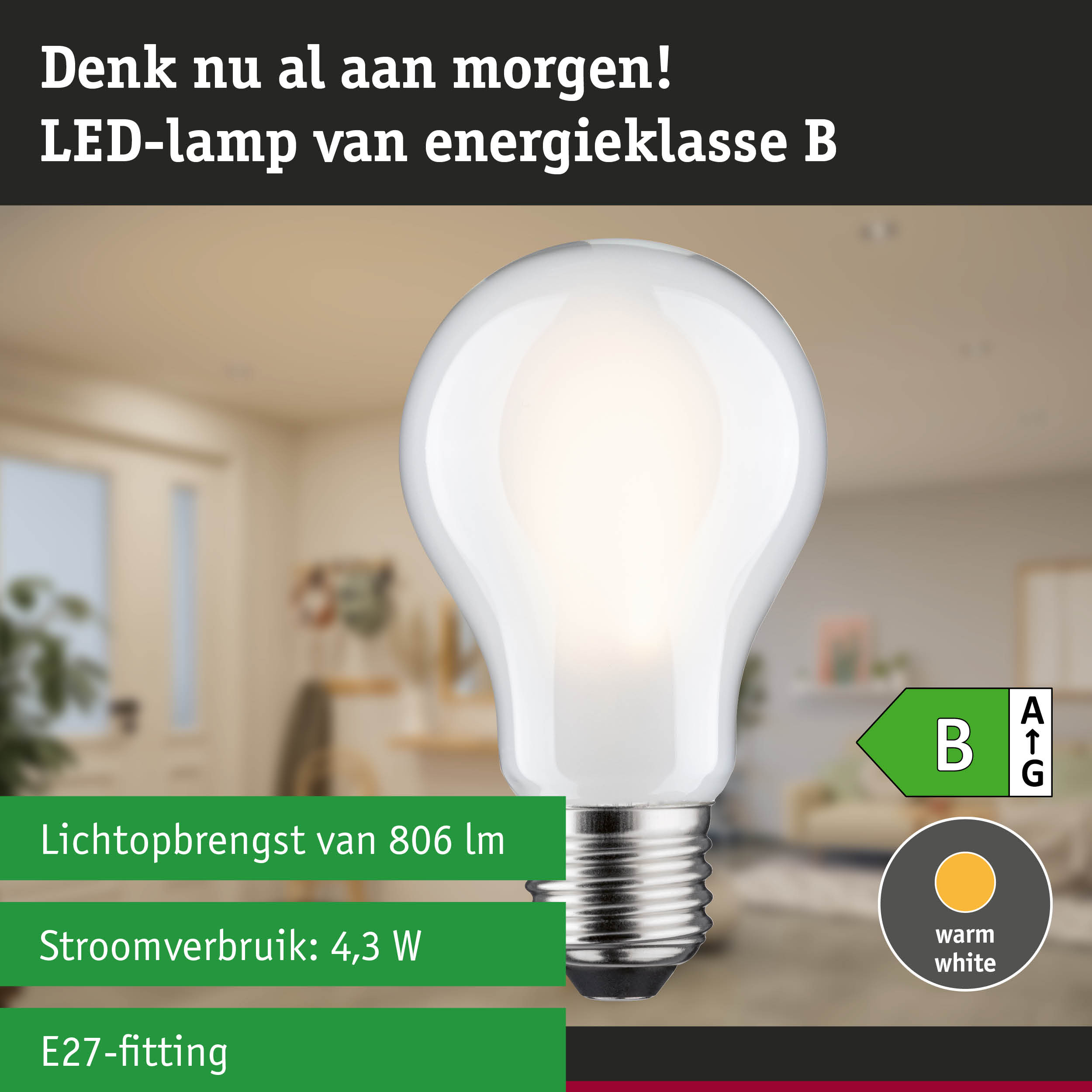 Witte LED-lamp met E27-fitting, warm wit licht en 3-standen dimfunctie, energiezuinig