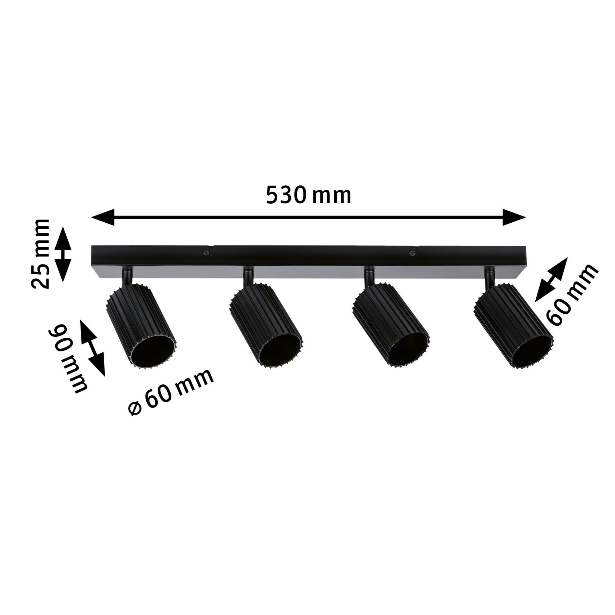 Black aluminium ceiling light with four adjustable spotlights and dimensions for modern room lighting